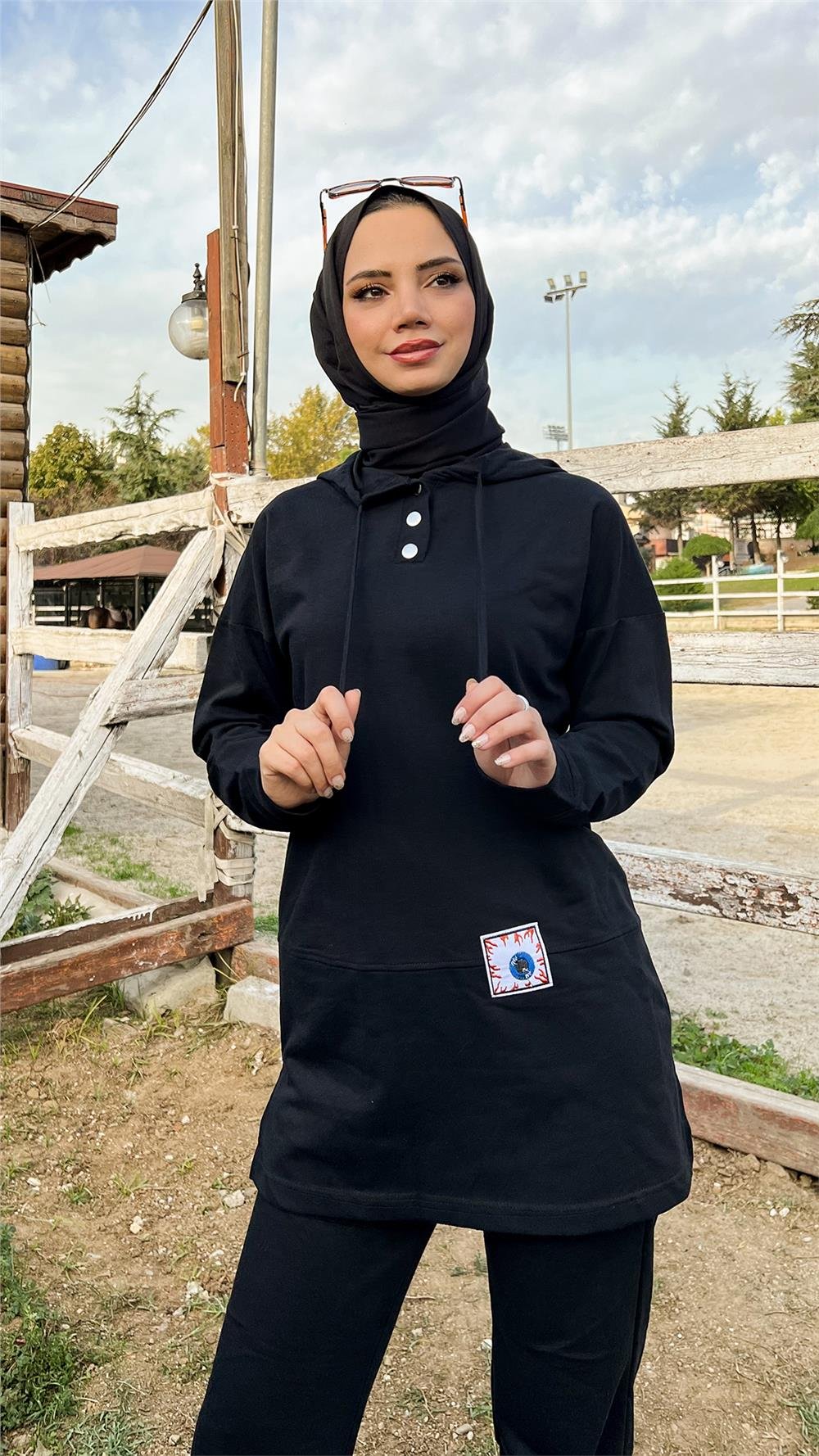 Kapşonlu Çıtçıtlı Sade Basic İkili Eşofman Spor Takımı - 3036 - Siyah
