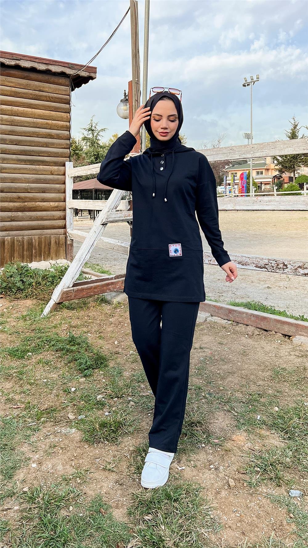 Kapşonlu Çıtçıtlı Sade Basic İkili Eşofman Spor Takımı - 3036 - Siyah