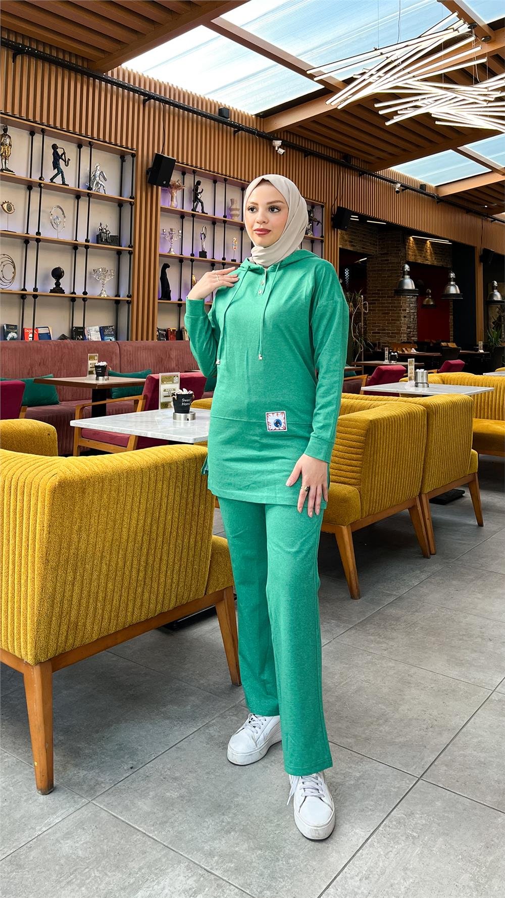 Kapşonlu Çıtçıtlı Sade Basic İkili Eşofman Spor Takımı - 3036 - Benetton Yeşil