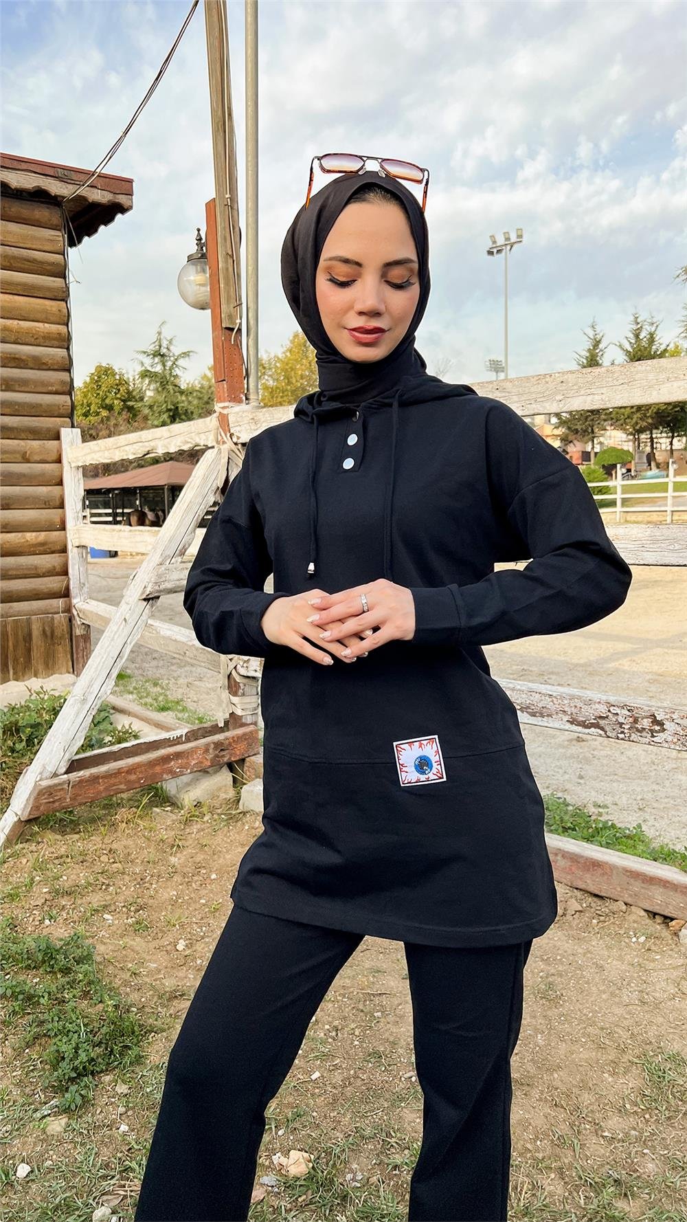 Kapşonlu Çıtçıtlı Sade Basic İkili Eşofman Spor Takımı - 3036 - Siyah