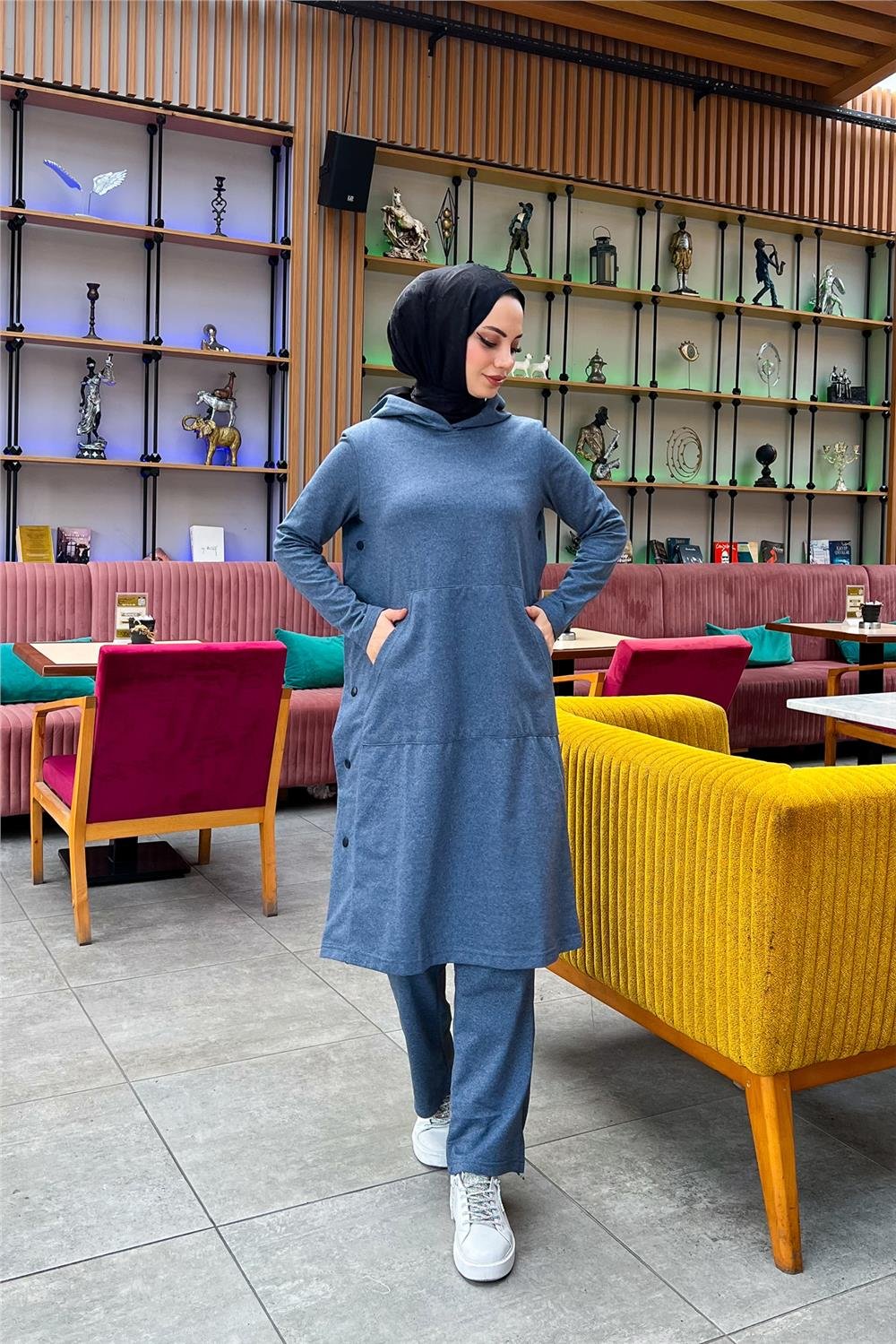 Kapşonlu Yandat Çıtçıtlı Sade Basic Uzun Tunik ve Pantolon İkili Spor Takım - 03071 - İndigo