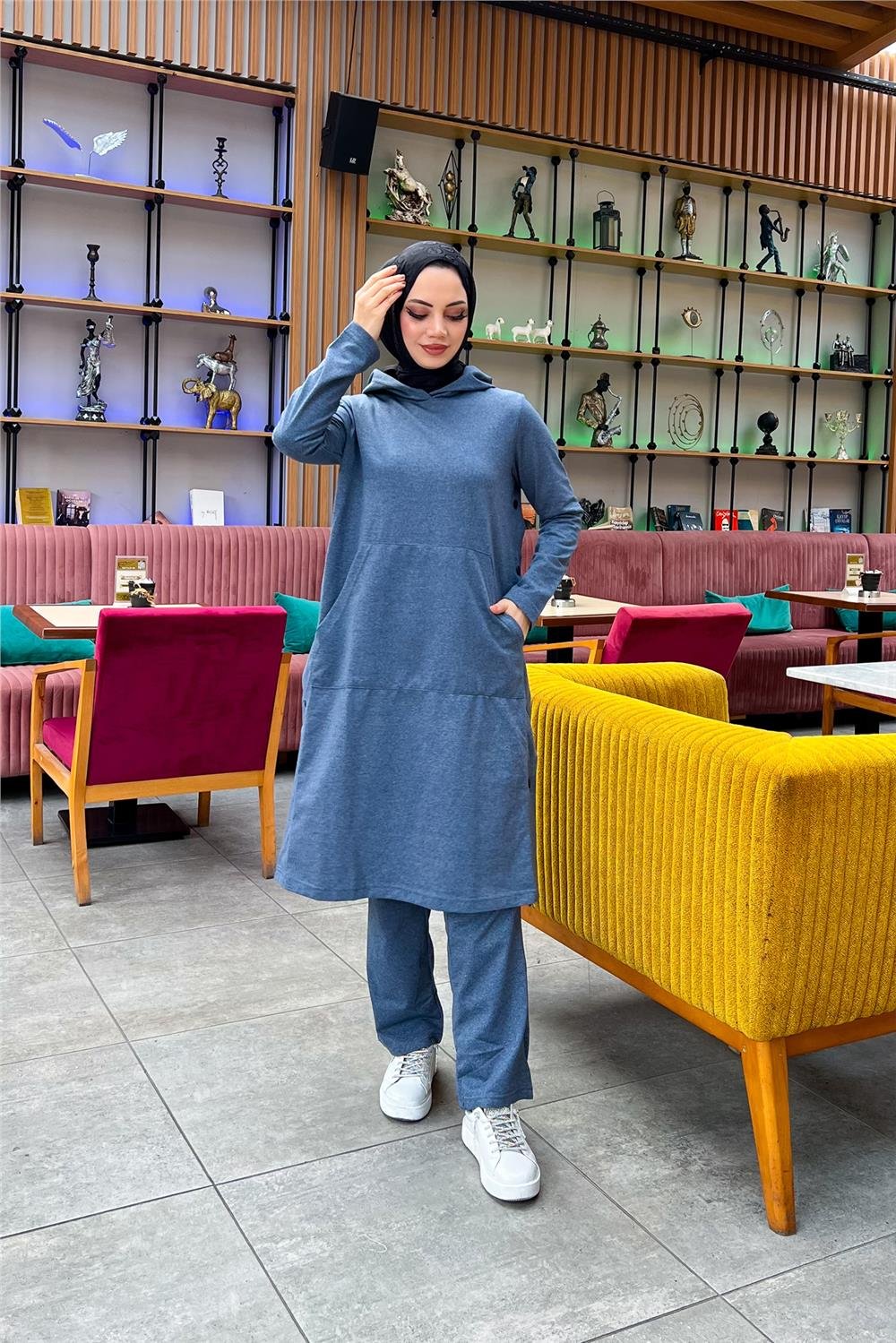 Kapşonlu Yandat Çıtçıtlı Sade Basic Uzun Tunik ve Pantolon İkili Spor Takım - 03071 - İndigo
