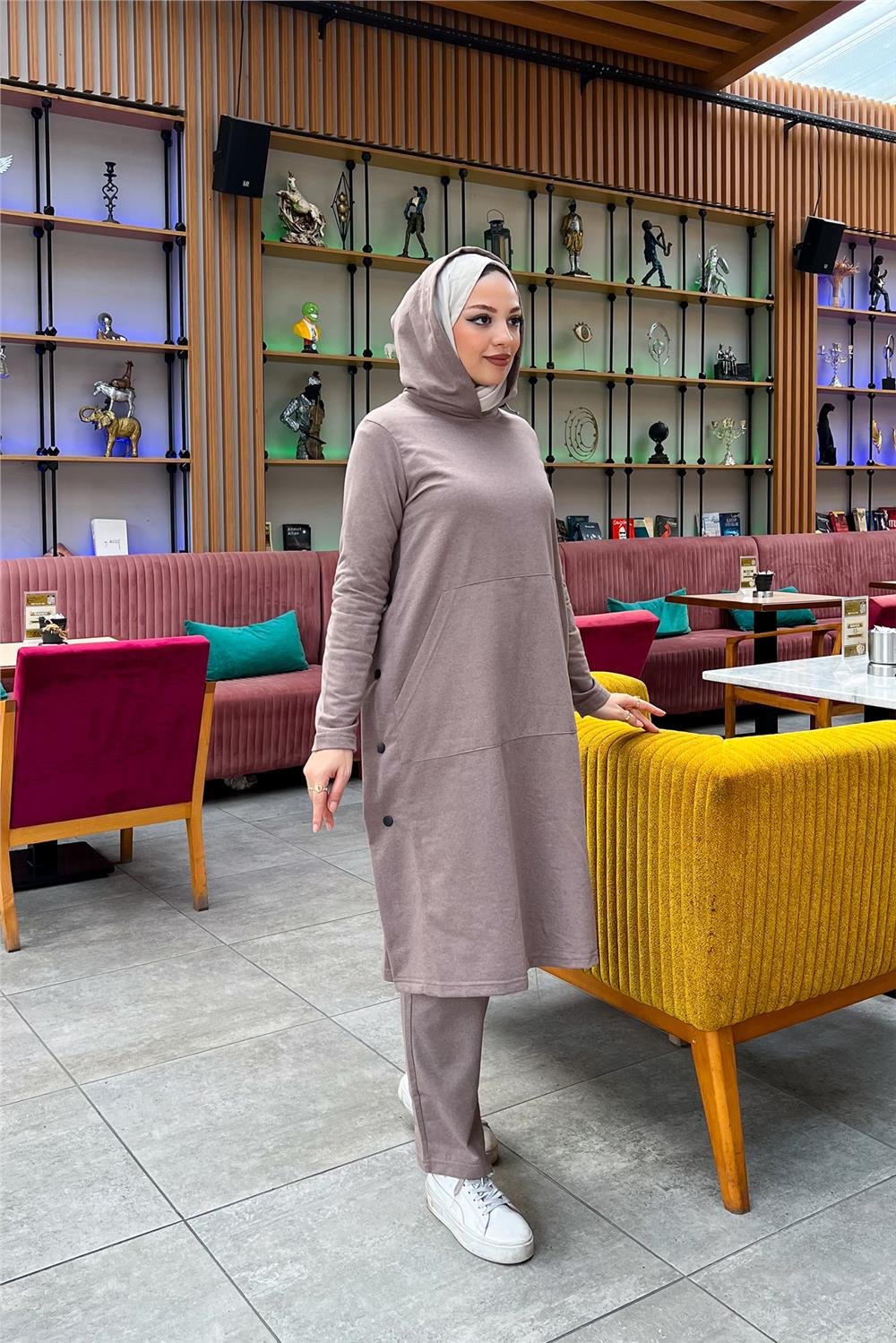 Kapşonlu Yandat Çıtçıtlı Sade Basic Uzun Tunik ve Pantolon İkili Spor Takım - 03071 - Vizon