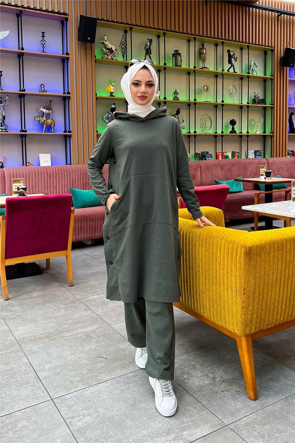 Kapşonlu Yandat Çıtçıtlı Sade Basic Uzun Tunik ve Pantolon İkili Spor Takım - 03071 - Haki