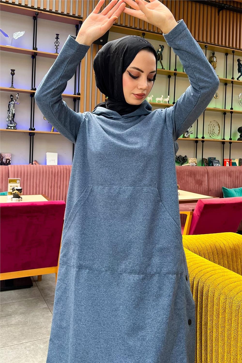 Kapşonlu Yandat Çıtçıtlı Sade Basic Uzun Tunik ve Pantolon İkili Spor Takım - 03071 - İndigo