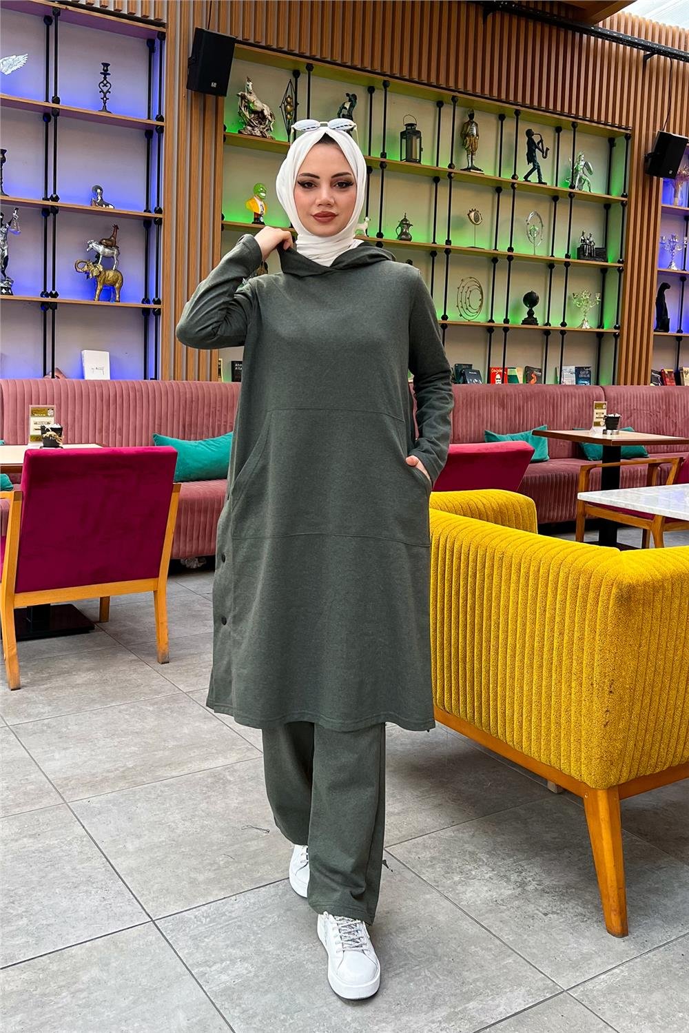 Kapşonlu Yandat Çıtçıtlı Sade Basic Uzun Tunik ve Pantolon İkili Spor Takım - 03071 - Haki