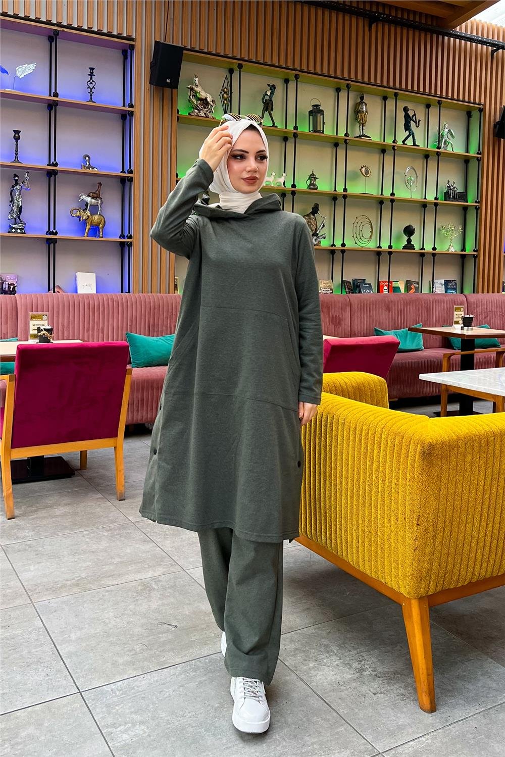Kapşonlu Yandat Çıtçıtlı Sade Basic Uzun Tunik ve Pantolon İkili Spor Takım - 03071 - Haki