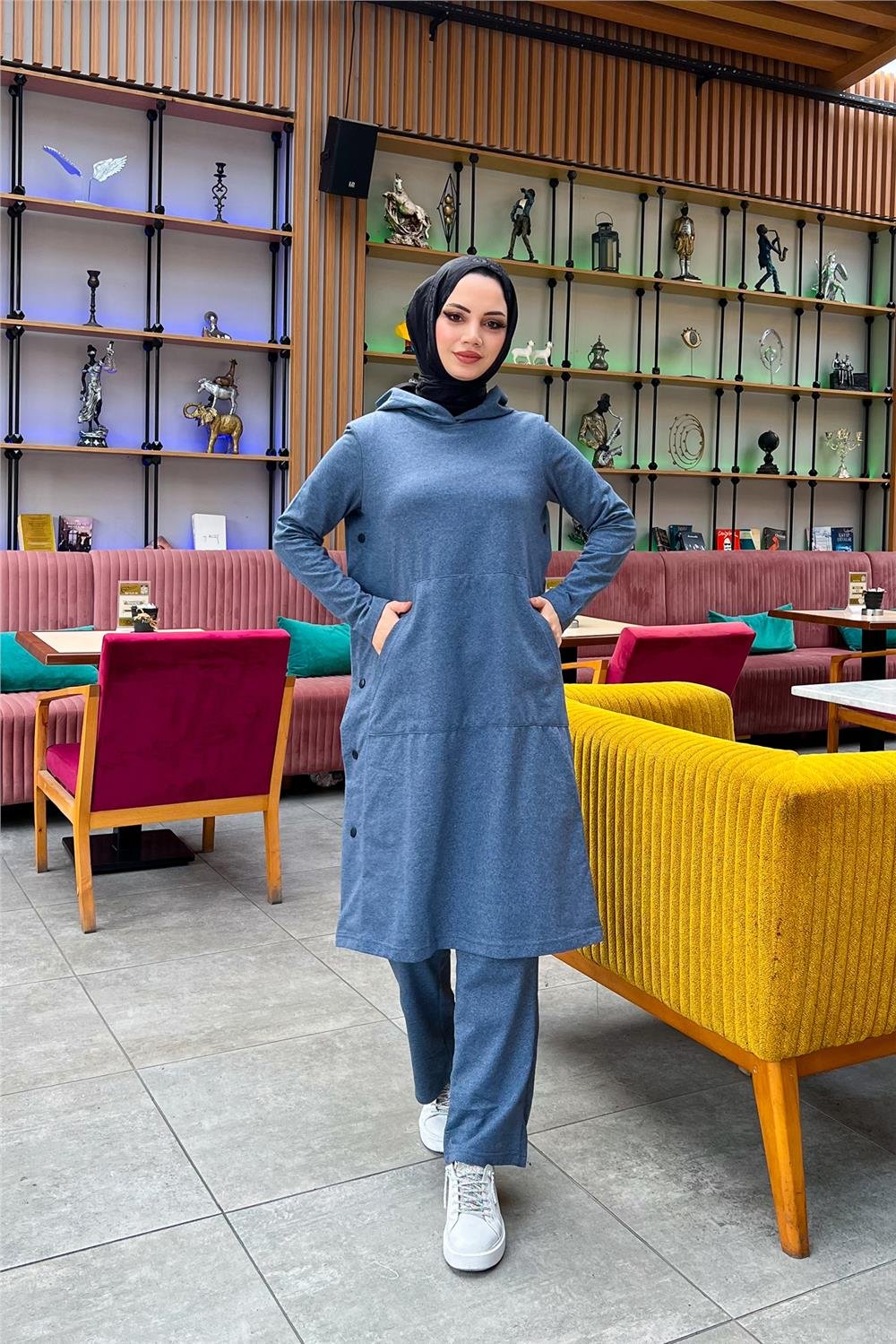 Kapşonlu Yandat Çıtçıtlı Sade Basic Uzun Tunik ve Pantolon İkili Spor Takım - 03071 - İndigo