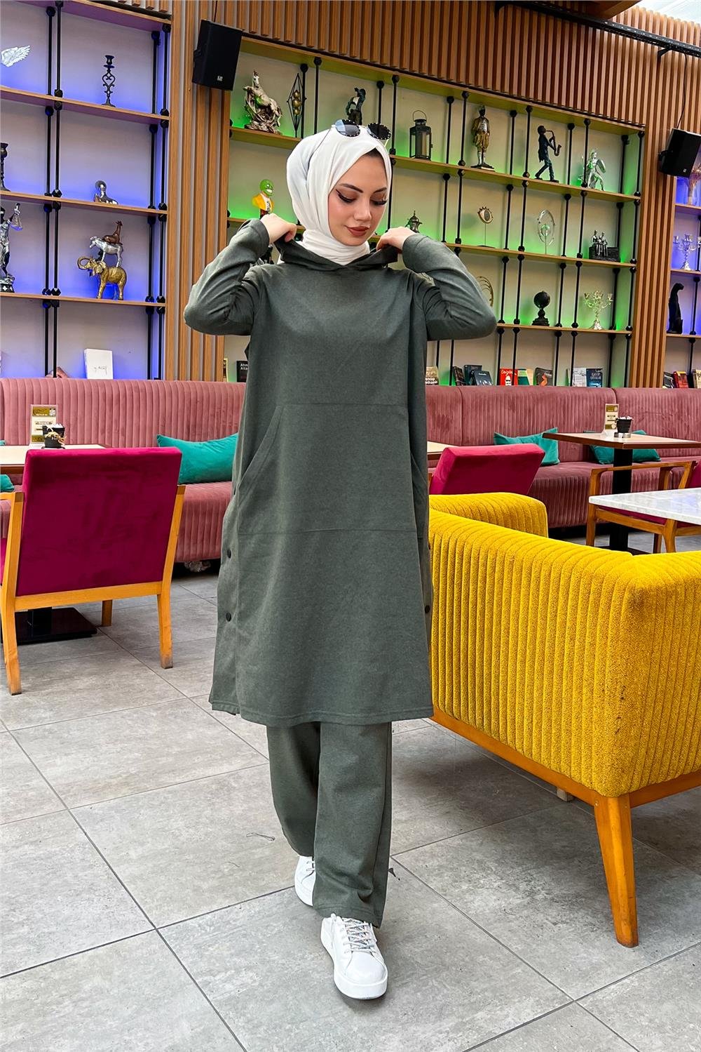 Kapşonlu Yandat Çıtçıtlı Sade Basic Uzun Tunik ve Pantolon İkili Spor Takım - 03071 - Haki