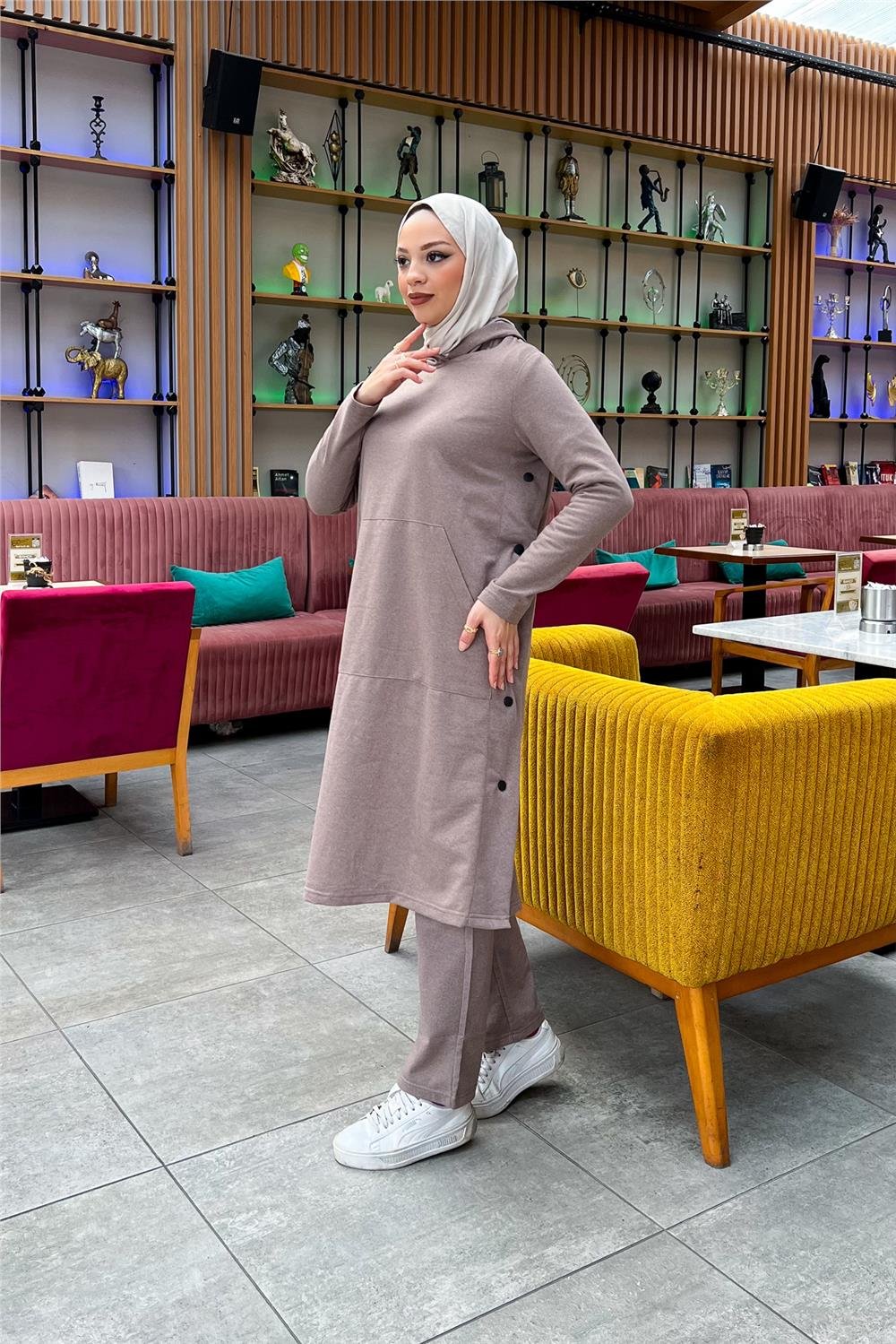 Kapşonlu Yandat Çıtçıtlı Sade Basic Uzun Tunik ve Pantolon İkili Spor Takım - 03071 - Vizon