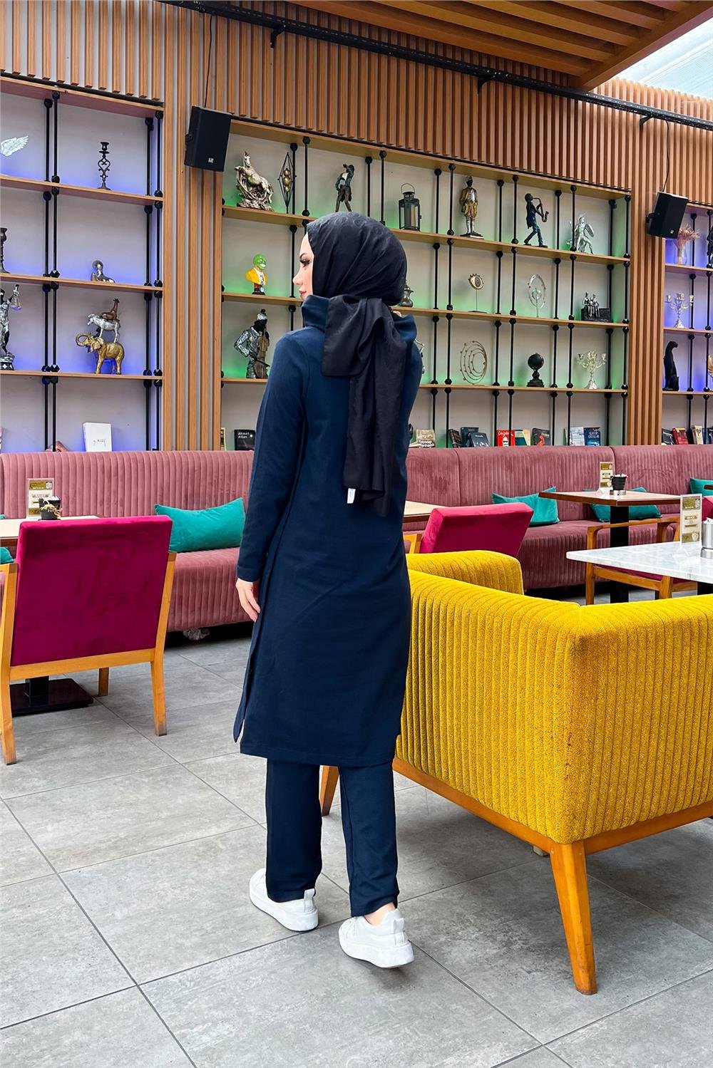 Kapşonlu Yandat Çıtçıtlı Sade Basic Uzun Tunik ve Pantolon İkili Spor Takım - 03071 - Lacivert
