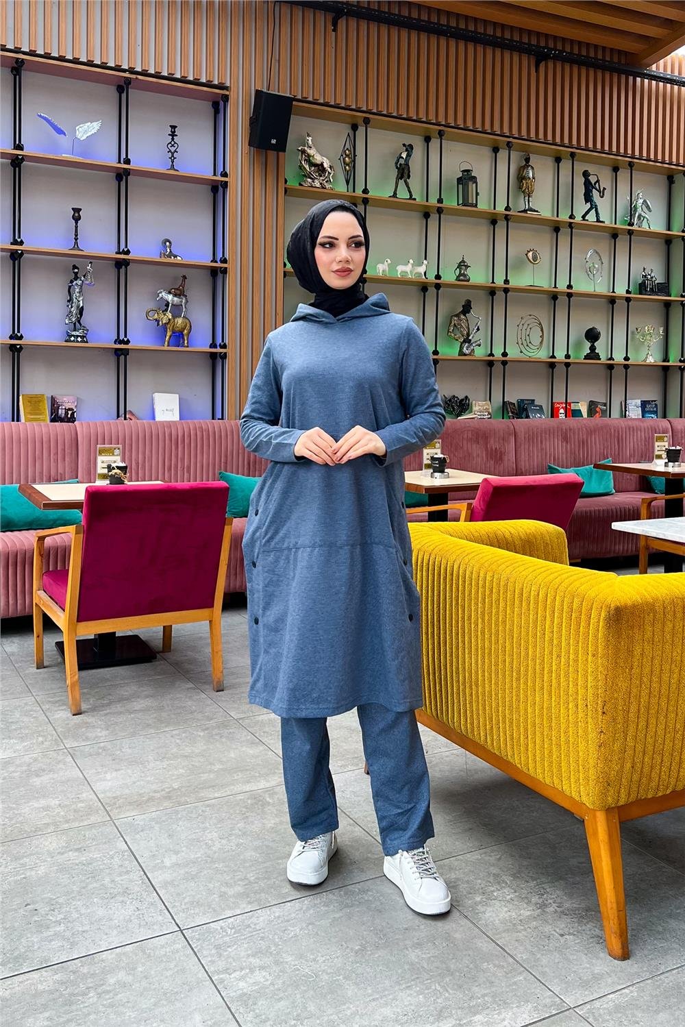 Kapşonlu Yandat Çıtçıtlı Sade Basic Uzun Tunik ve Pantolon İkili Spor Takım - 03071 - İndigo