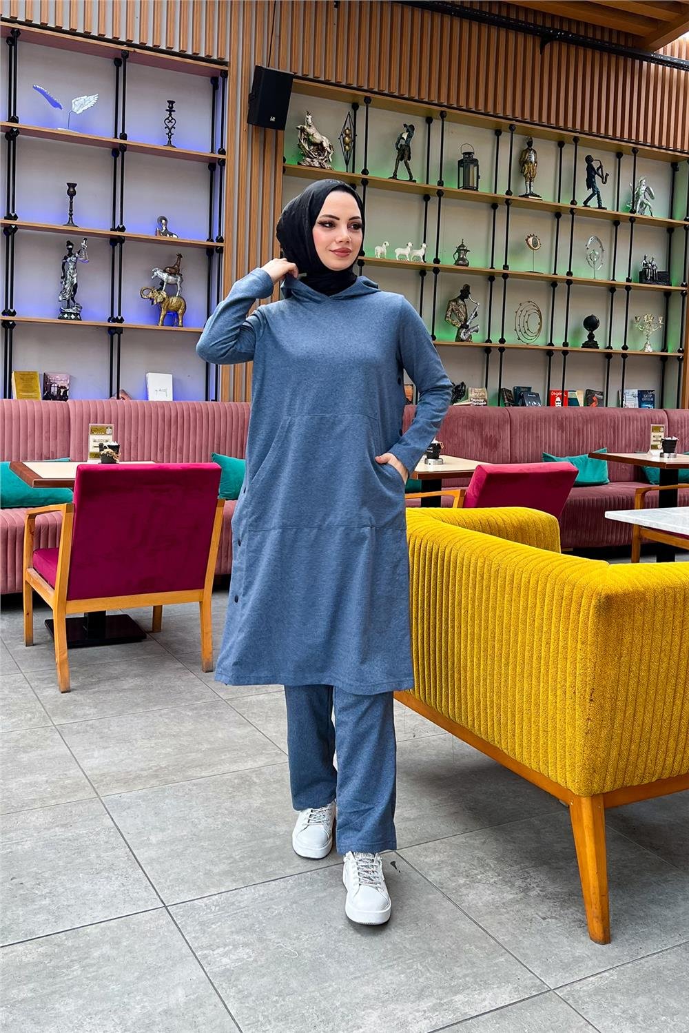 Kapşonlu Yandat Çıtçıtlı Sade Basic Uzun Tunik ve Pantolon İkili Spor Takım - 03071 - İndigo