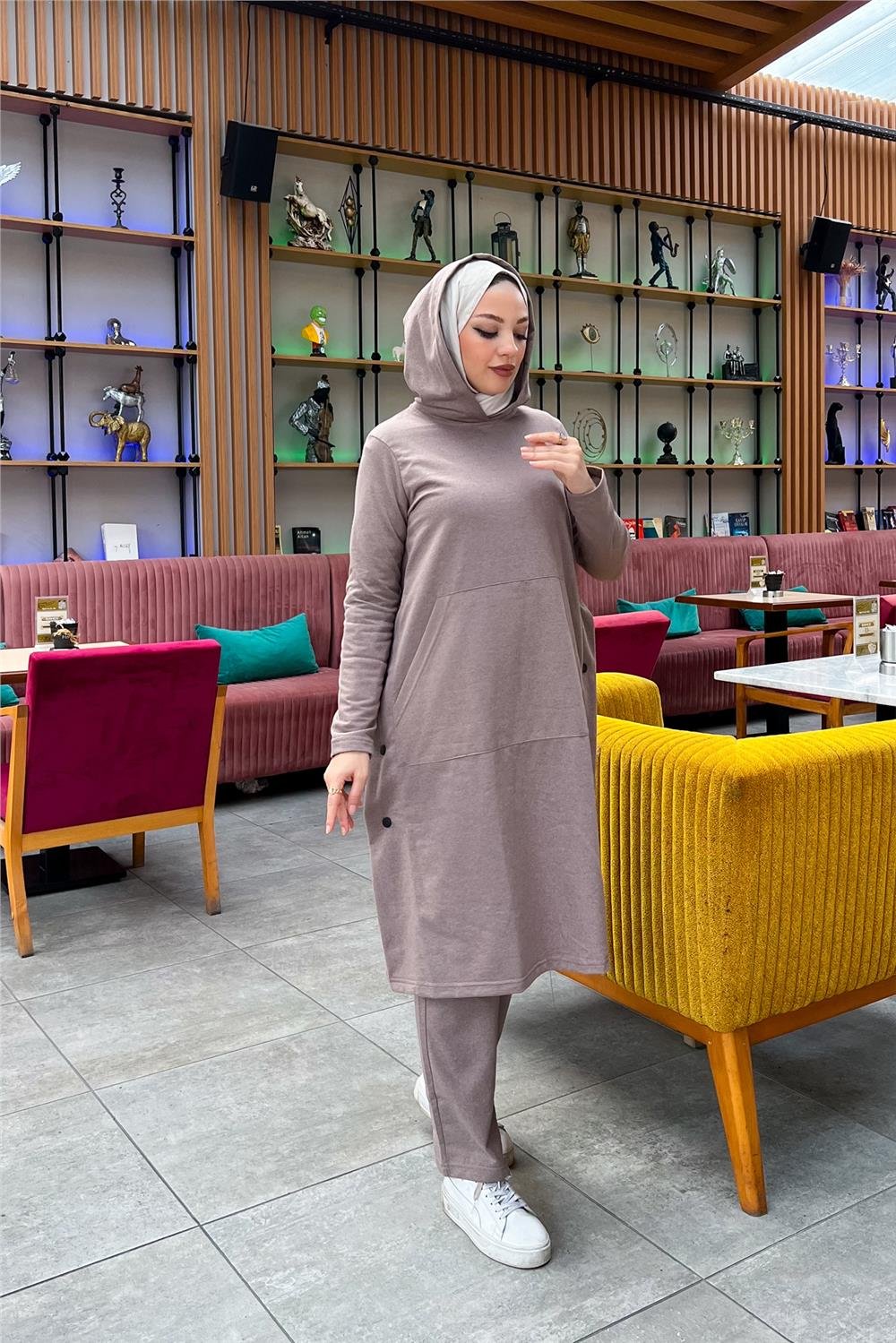 Kapşonlu Yandat Çıtçıtlı Sade Basic Uzun Tunik ve Pantolon İkili Spor Takım - 03071 - Vizon