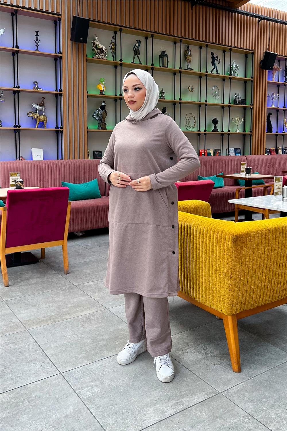 Kapşonlu Yandat Çıtçıtlı Sade Basic Uzun Tunik ve Pantolon İkili Spor Takım - 03071 - Vizon