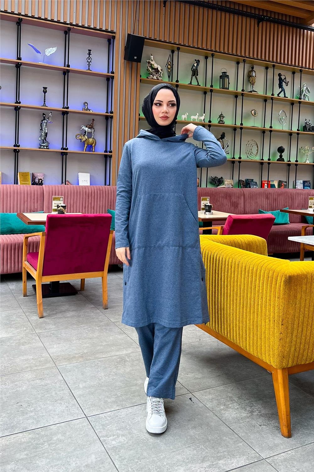 Kapşonlu Yandat Çıtçıtlı Sade Basic Uzun Tunik ve Pantolon İkili Spor Takım - 03071 - İndigo