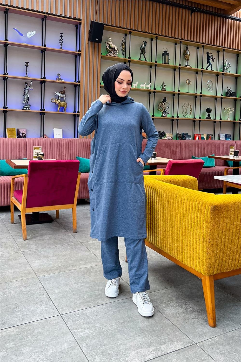 Kapşonlu Yandat Çıtçıtlı Sade Basic Uzun Tunik ve Pantolon İkili Spor Takım - 03071 - İndigo