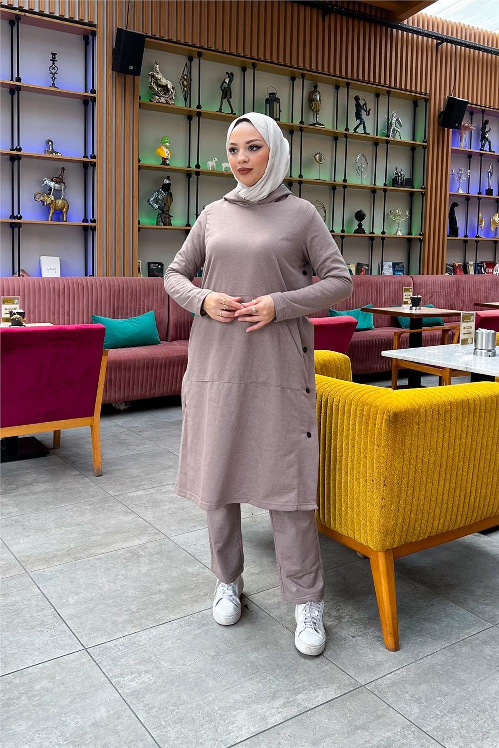 Kapşonlu Yandat Çıtçıtlı Sade Basic Uzun Tunik ve Pantolon İkili Spor Takım - 03071 - Vizon