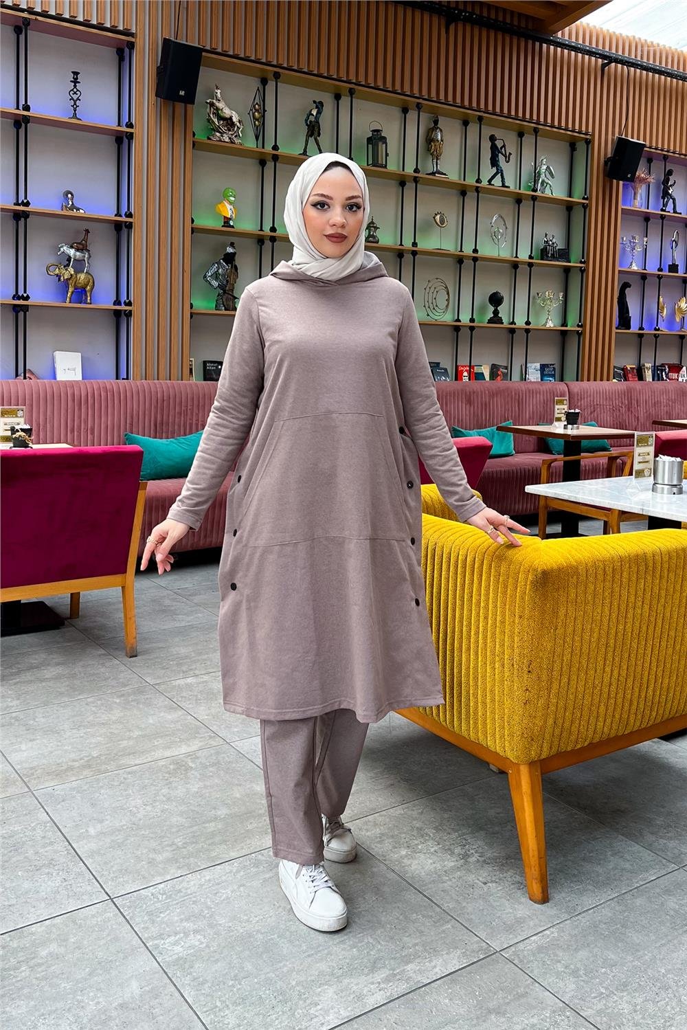 Kapşonlu Yandat Çıtçıtlı Sade Basic Uzun Tunik ve Pantolon İkili Spor Takım - 03071 - Vizon
