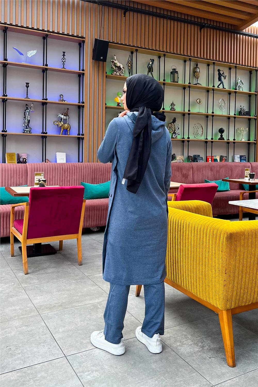 Kapşonlu Yandat Çıtçıtlı Sade Basic Uzun Tunik ve Pantolon İkili Spor Takım - 03071 - İndigo