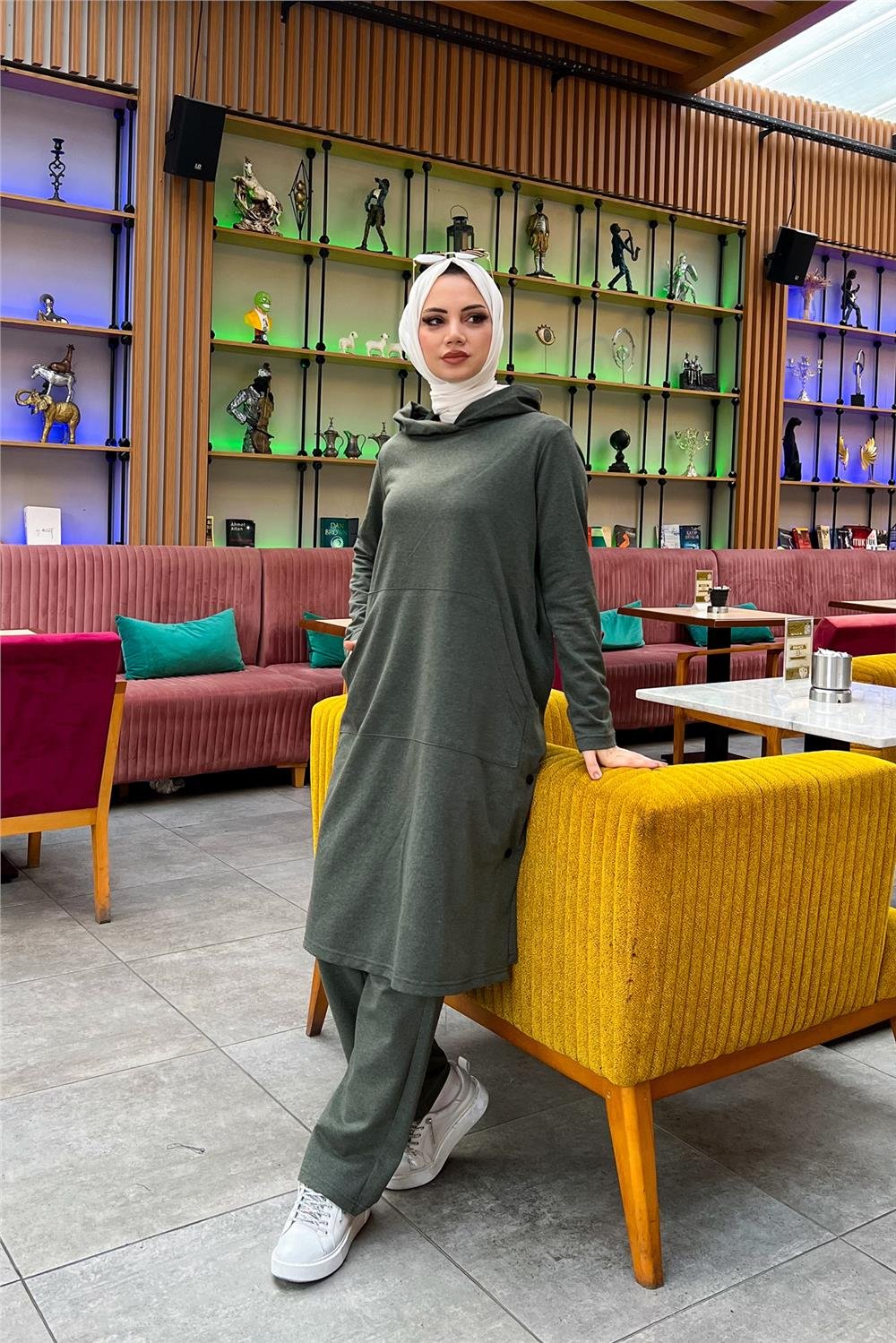 Kapşonlu Yandat Çıtçıtlı Sade Basic Uzun Tunik ve Pantolon İkili Spor Takım - 03071 - Haki