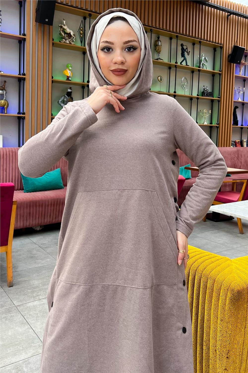 Kapşonlu Yandat Çıtçıtlı Sade Basic Uzun Tunik ve Pantolon İkili Spor Takım - 03071 - Vizon