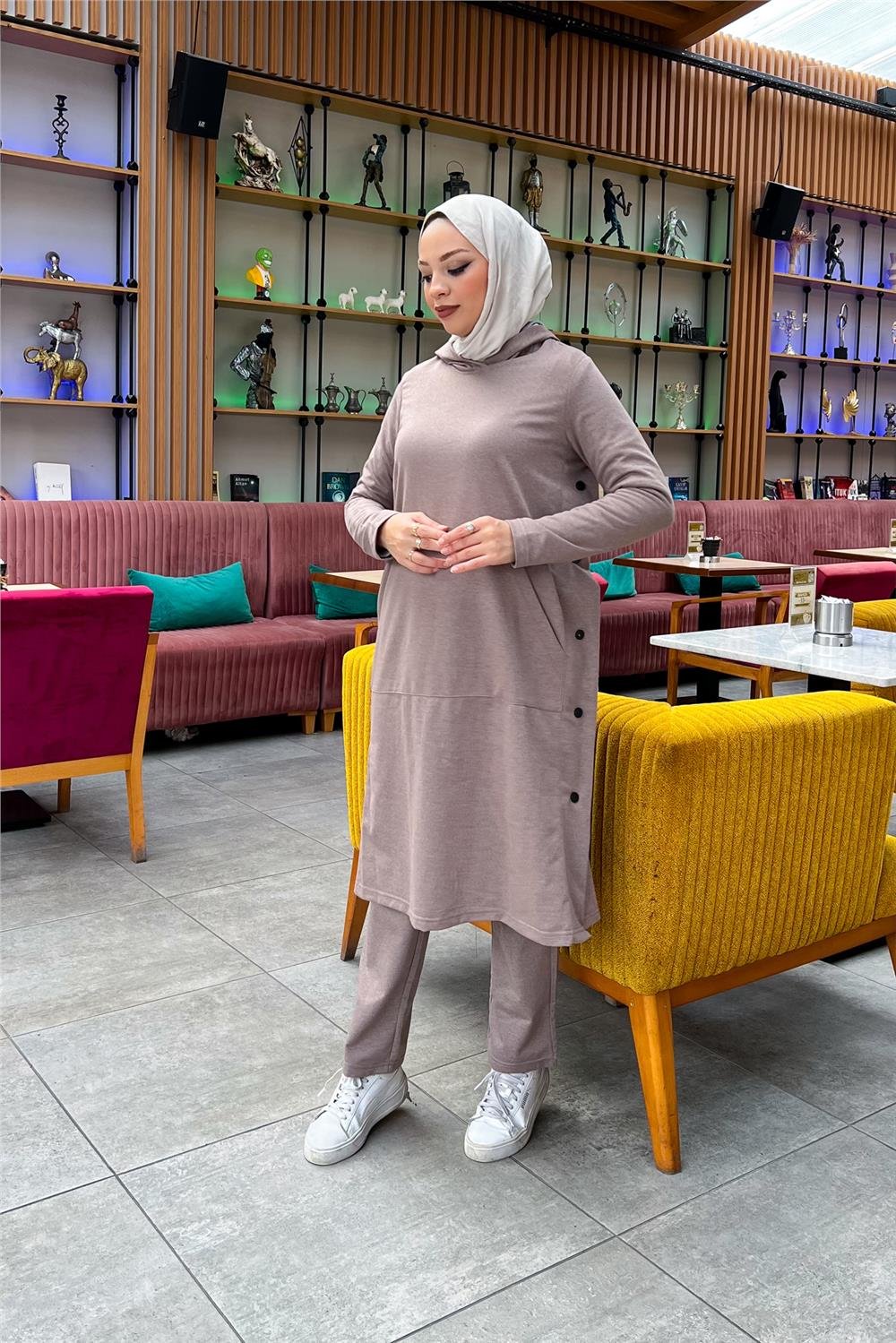 Kapşonlu Yandat Çıtçıtlı Sade Basic Uzun Tunik ve Pantolon İkili Spor Takım - 03071 - Vizon