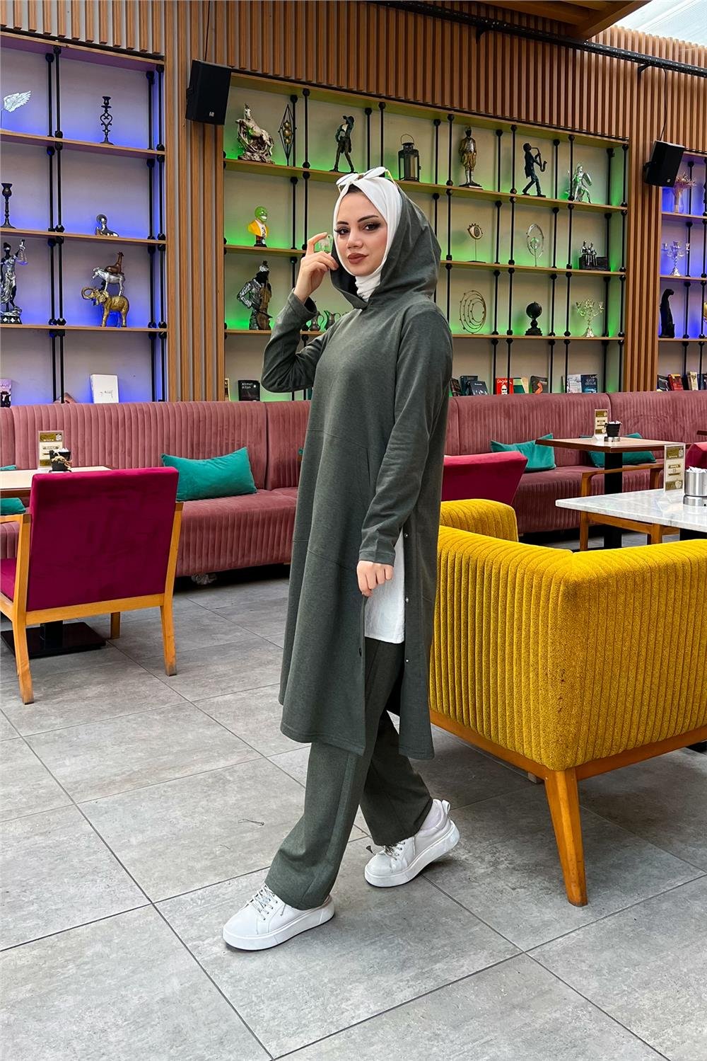 Kapşonlu Yandat Çıtçıtlı Sade Basic Uzun Tunik ve Pantolon İkili Spor Takım - 03071 - Haki