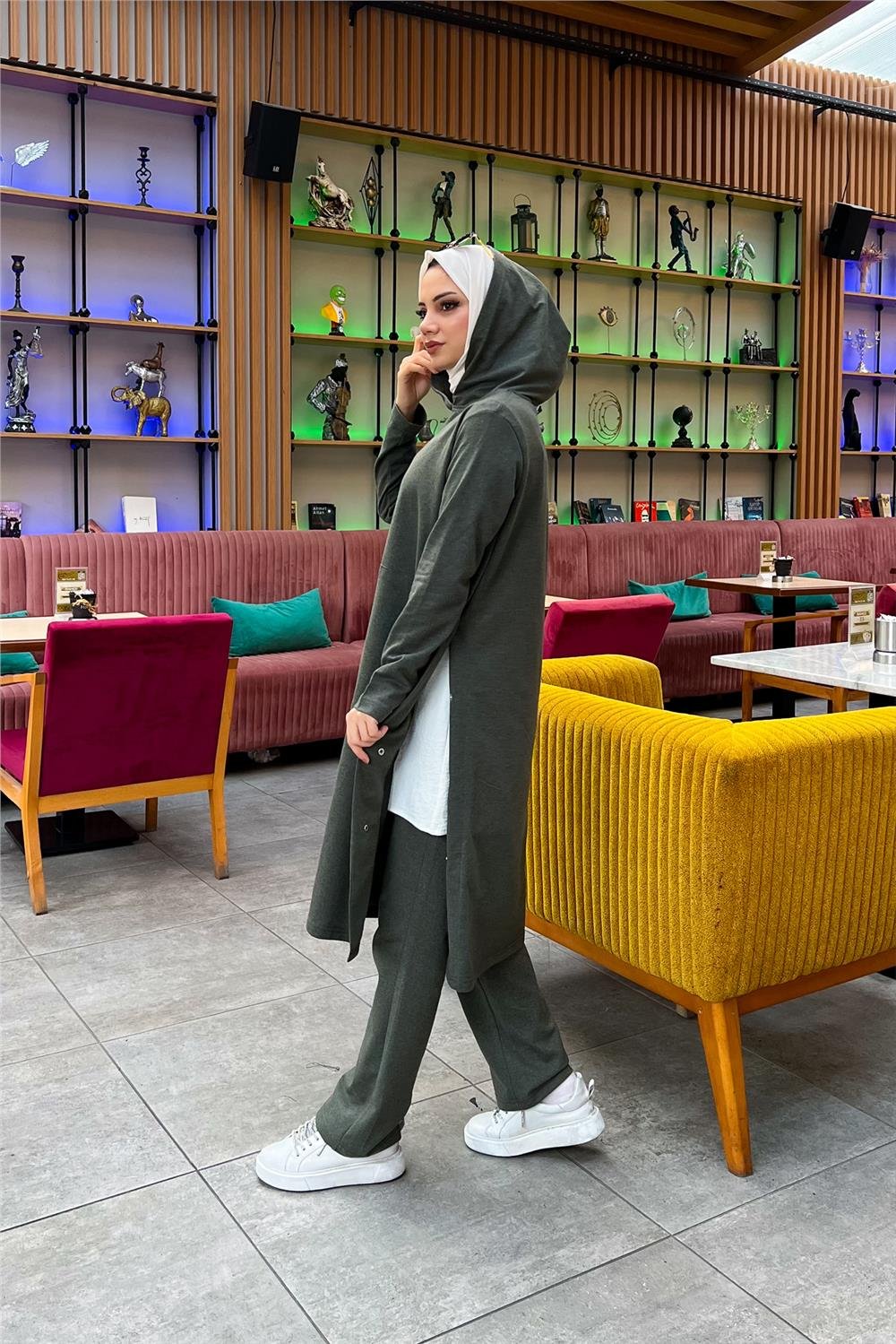 Kapşonlu Yandat Çıtçıtlı Sade Basic Uzun Tunik ve Pantolon İkili Spor Takım - 03071 - Haki