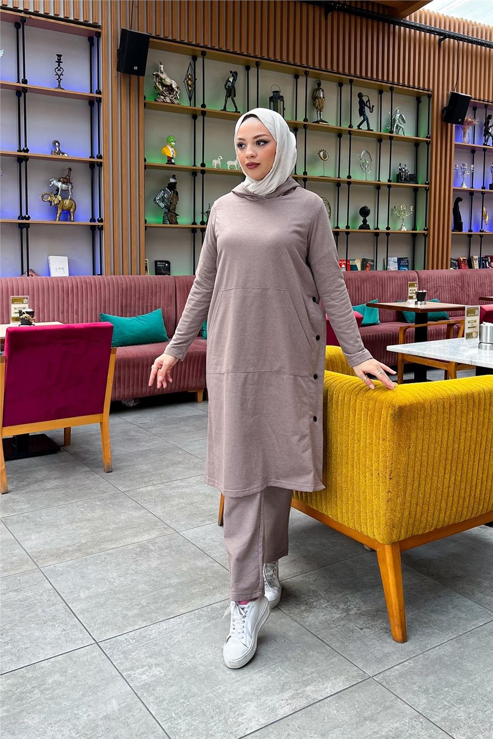Kapşonlu Yandat Çıtçıtlı Sade Basic Uzun Tunik ve Pantolon İkili Spor Takım - 03071 - Vizon
