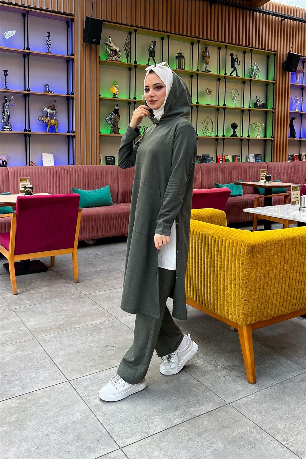 Kapşonlu Yandat Çıtçıtlı Sade Basic Uzun Tunik ve Pantolon İkili Spor Takım - 03071 - Haki