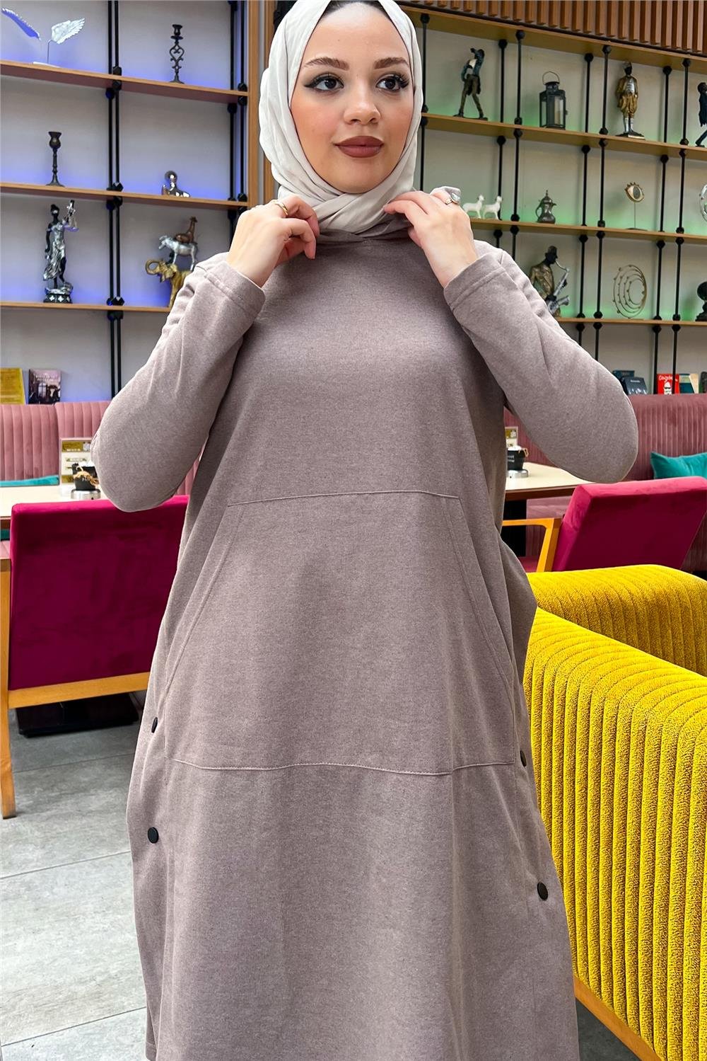 Kapşonlu Yandat Çıtçıtlı Sade Basic Uzun Tunik ve Pantolon İkili Spor Takım - 03071 - Vizon