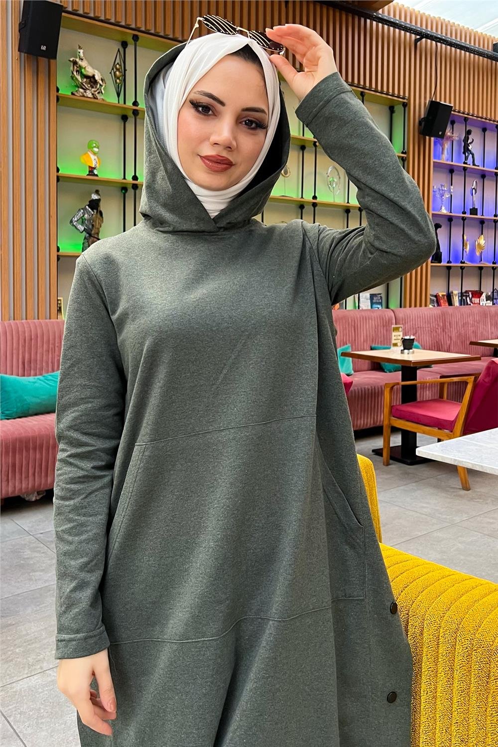 Kapşonlu Yandat Çıtçıtlı Sade Basic Uzun Tunik ve Pantolon İkili Spor Takım - 03071 - Haki