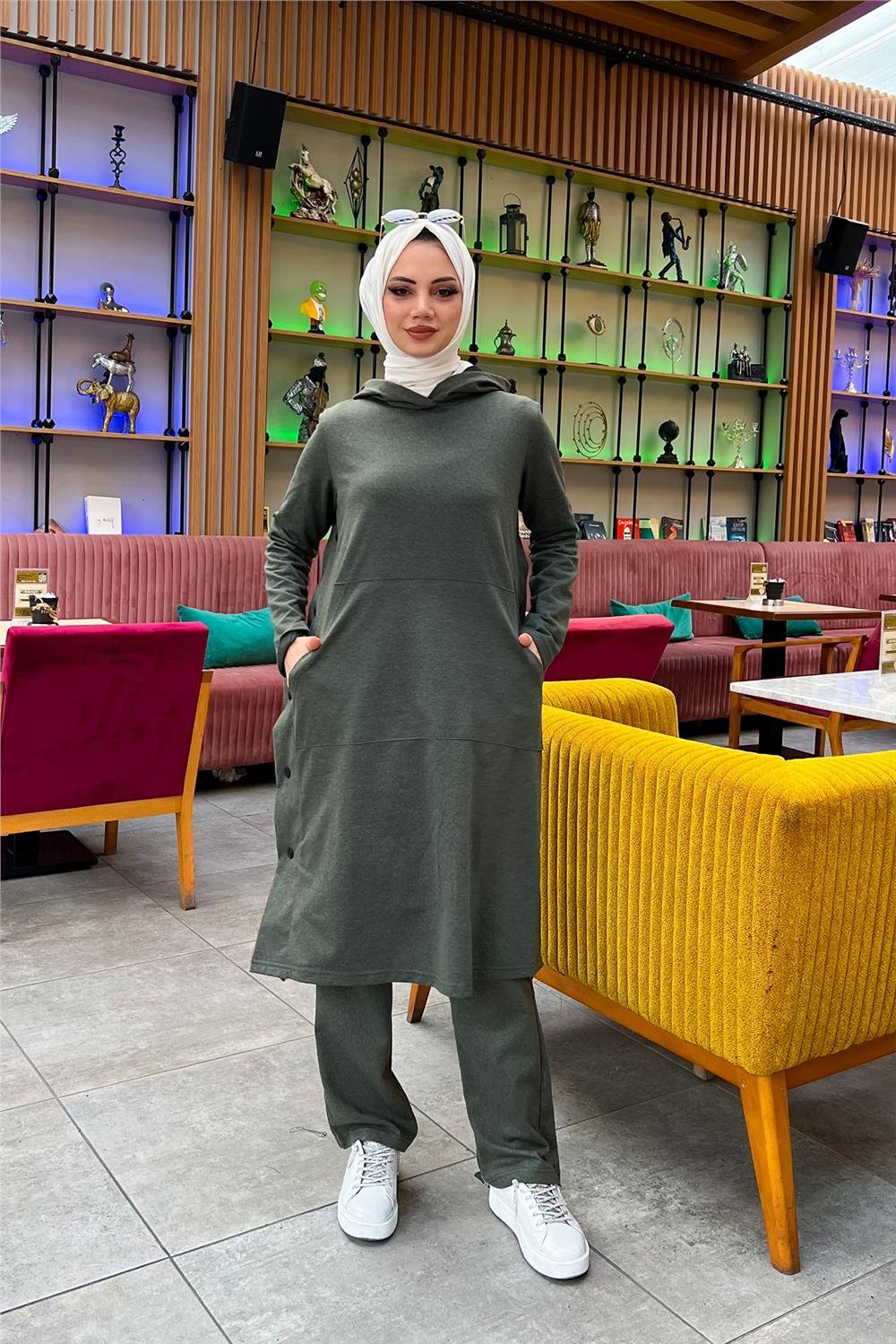 Kapşonlu Yandat Çıtçıtlı Sade Basic Uzun Tunik ve Pantolon İkili Spor Takım - 03071 - Haki