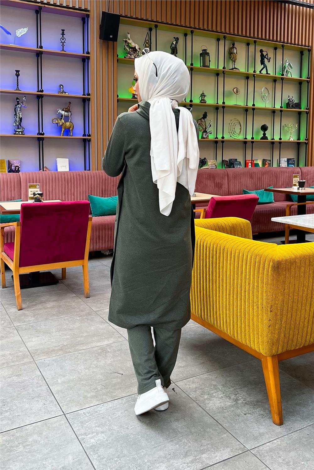 Kapşonlu Yandat Çıtçıtlı Sade Basic Uzun Tunik ve Pantolon İkili Spor Takım - 03071 - Haki