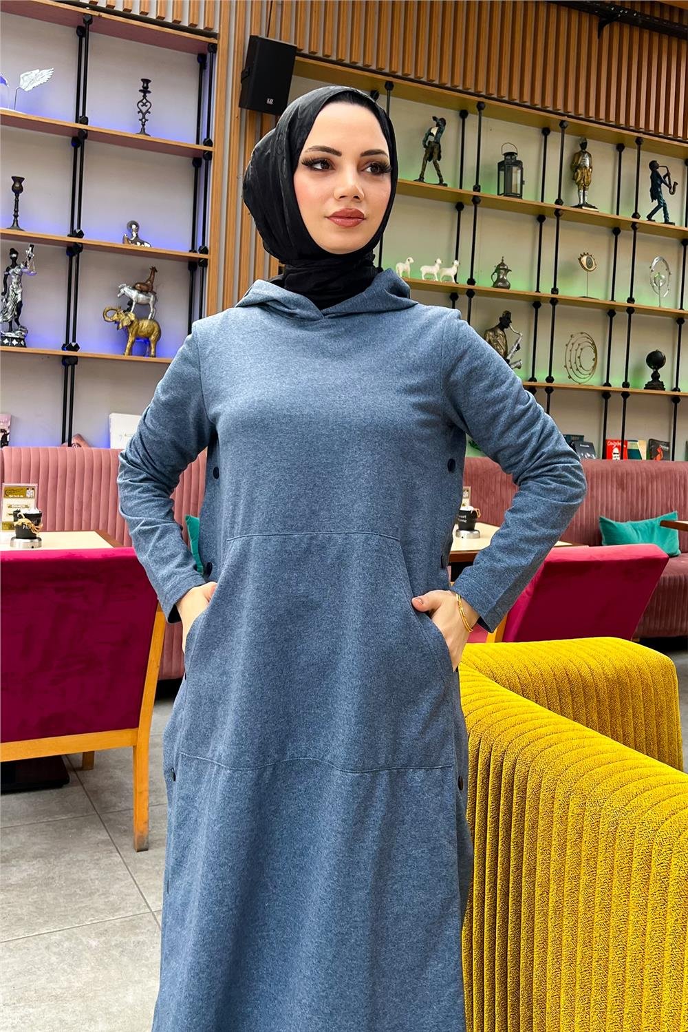 Kapşonlu Yandat Çıtçıtlı Sade Basic Uzun Tunik ve Pantolon İkili Spor Takım - 03071 - İndigo
