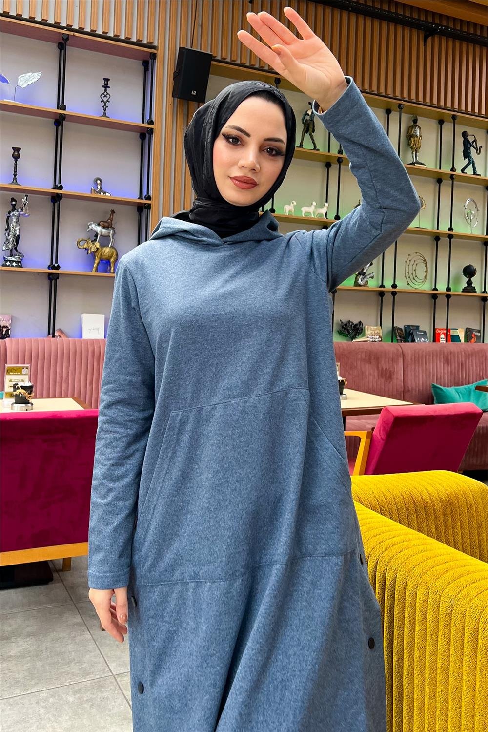 Kapşonlu Yandat Çıtçıtlı Sade Basic Uzun Tunik ve Pantolon İkili Spor Takım - 03071 - İndigo