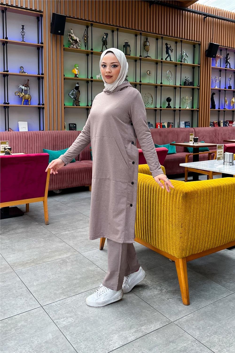 Kapşonlu Yandat Çıtçıtlı Sade Basic Uzun Tunik ve Pantolon İkili Spor Takım - 03071 - Vizon