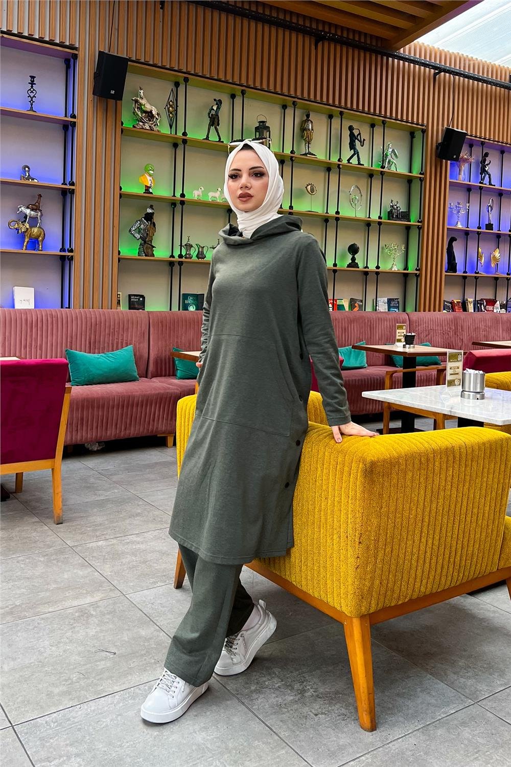 Kapşonlu Yandat Çıtçıtlı Sade Basic Uzun Tunik ve Pantolon İkili Spor Takım - 03071 - Haki