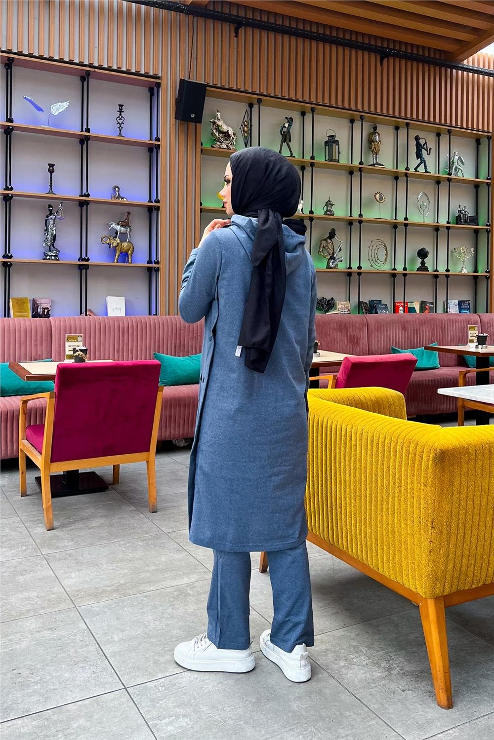 Kapşonlu Yandat Çıtçıtlı Sade Basic Uzun Tunik ve Pantolon İkili Spor Takım - 03071 - İndigo