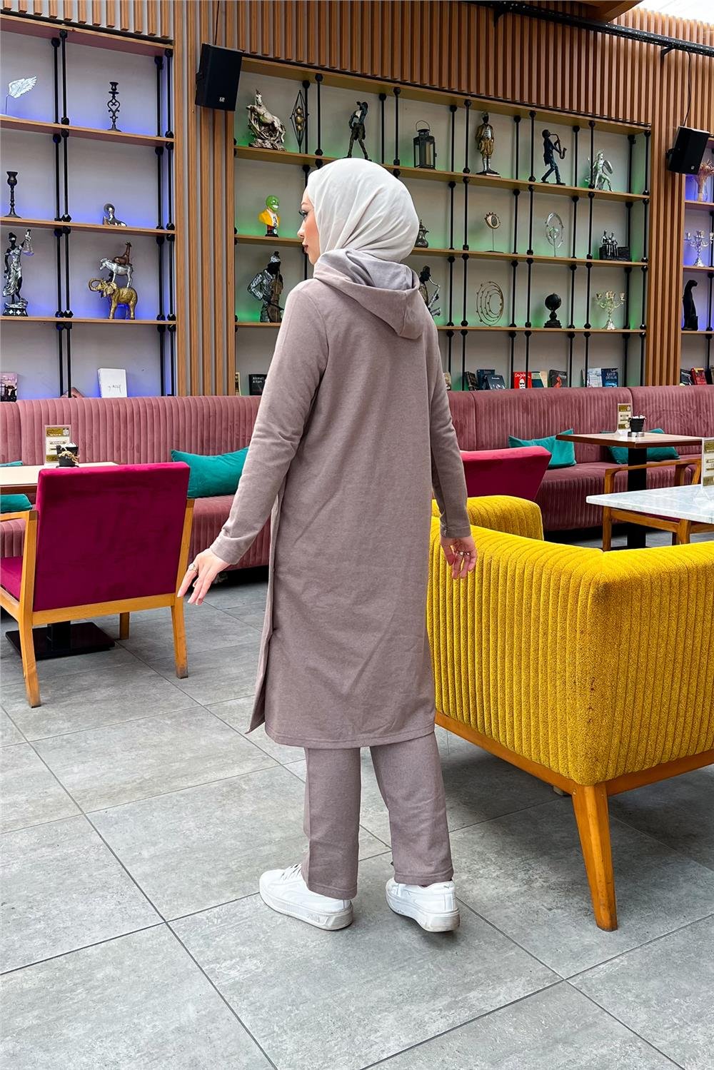 Kapşonlu Yandat Çıtçıtlı Sade Basic Uzun Tunik ve Pantolon İkili Spor Takım - 03071 - Vizon