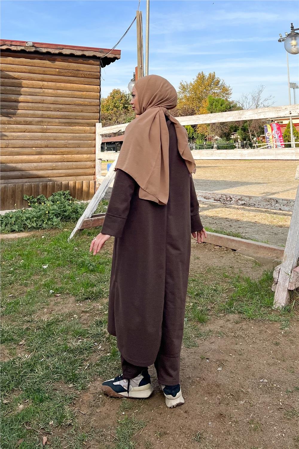 O Yaka Uzun Geniş Rahat Tunik Sade Basic İkili Spor Takımı - 3040 - Kahverengi