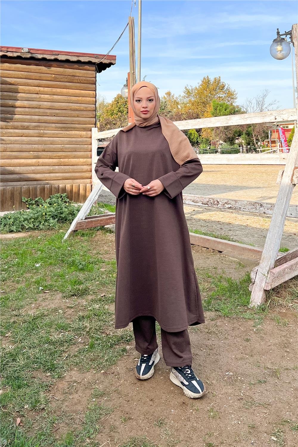 O Yaka Uzun Geniş Rahat Tunik Sade Basic İkili Spor Takımı - 3040 - Kahverengi