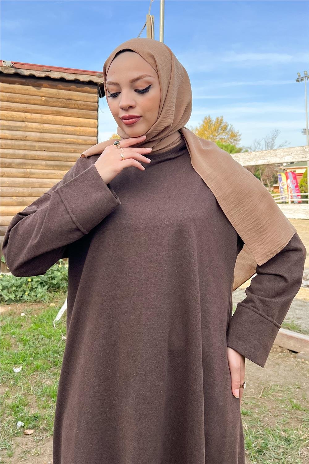O Yaka Uzun Geniş Rahat Tunik Sade Basic İkili Spor Takımı - 3040 - Kahverengi