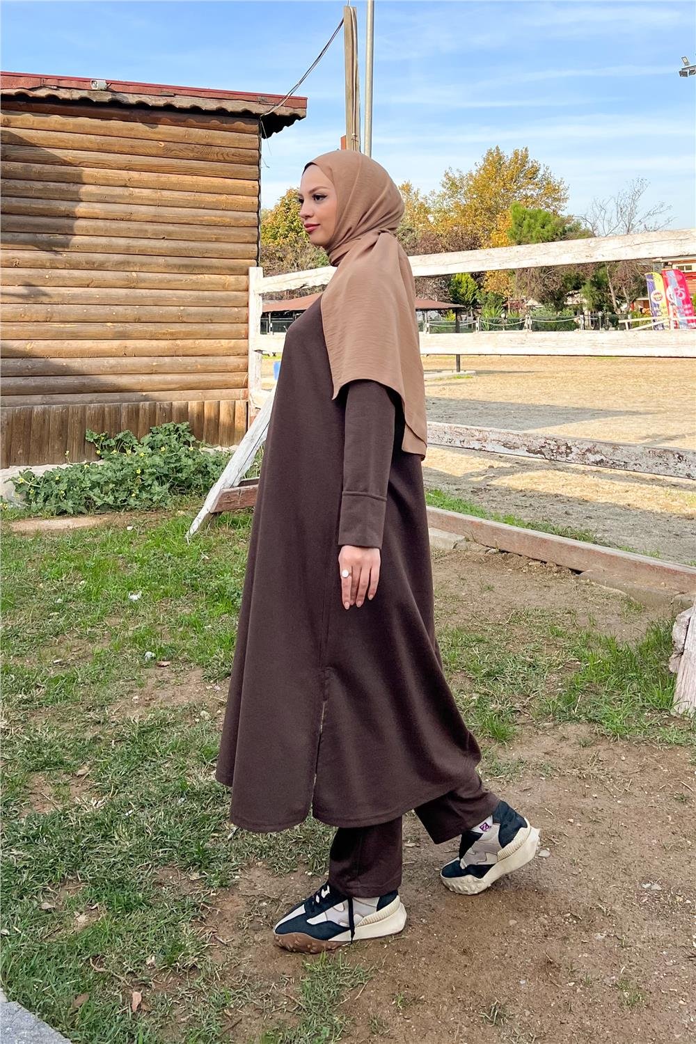 O Yaka Uzun Geniş Rahat Tunik Sade Basic İkili Spor Takımı - 3040 - Kahverengi