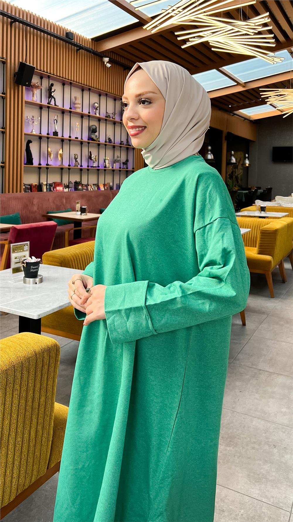 O Yaka Yırtmançlı Uzun Geniş Rahat Tunik Pantolon Sade Basic Spor Takımı - 3040 - Benetton Yeşil