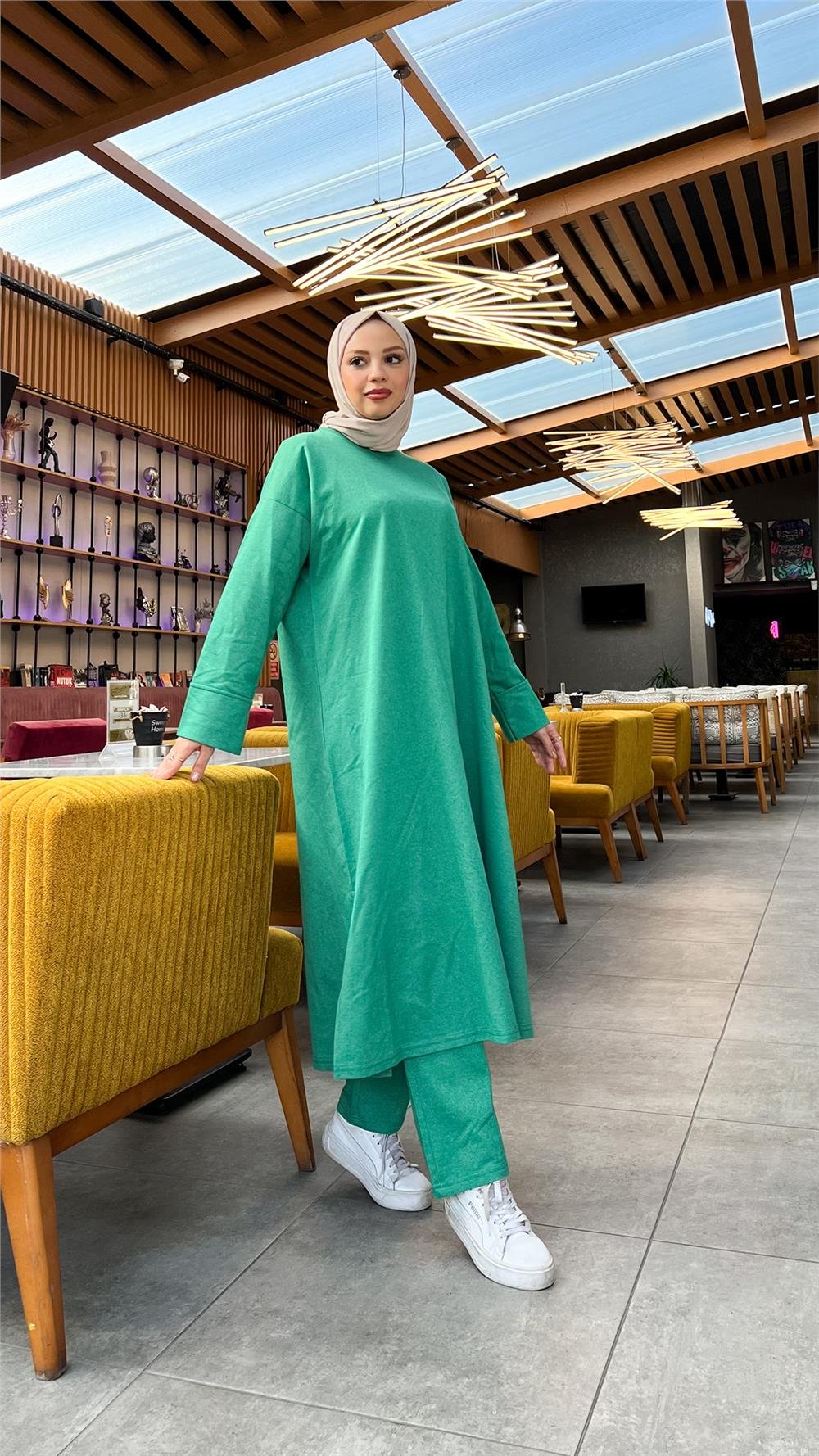 O Yaka Yırtmançlı Uzun Geniş Rahat Tunik Pantolon Sade Basic Spor Takımı - 3040 - Benetton Yeşil