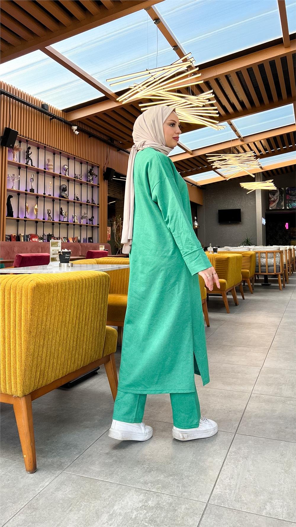 O Yaka Yırtmançlı Uzun Geniş Rahat Tunik Pantolon Sade Basic Spor Takımı - 3040 - Benetton Yeşil