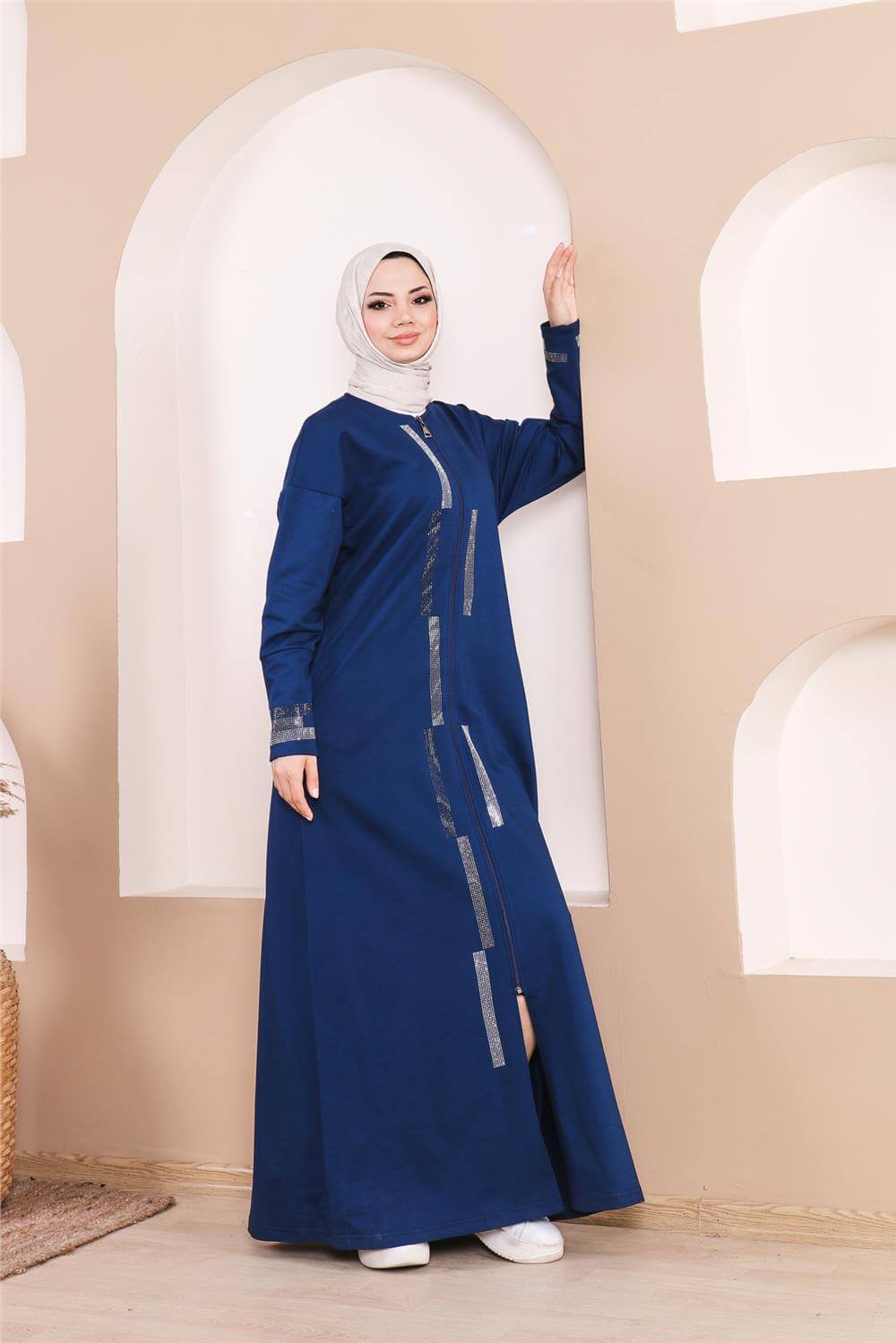 Taş Detaylı Fermuarlı Cepli Uzun Ferace - 71181.006 - İndigo