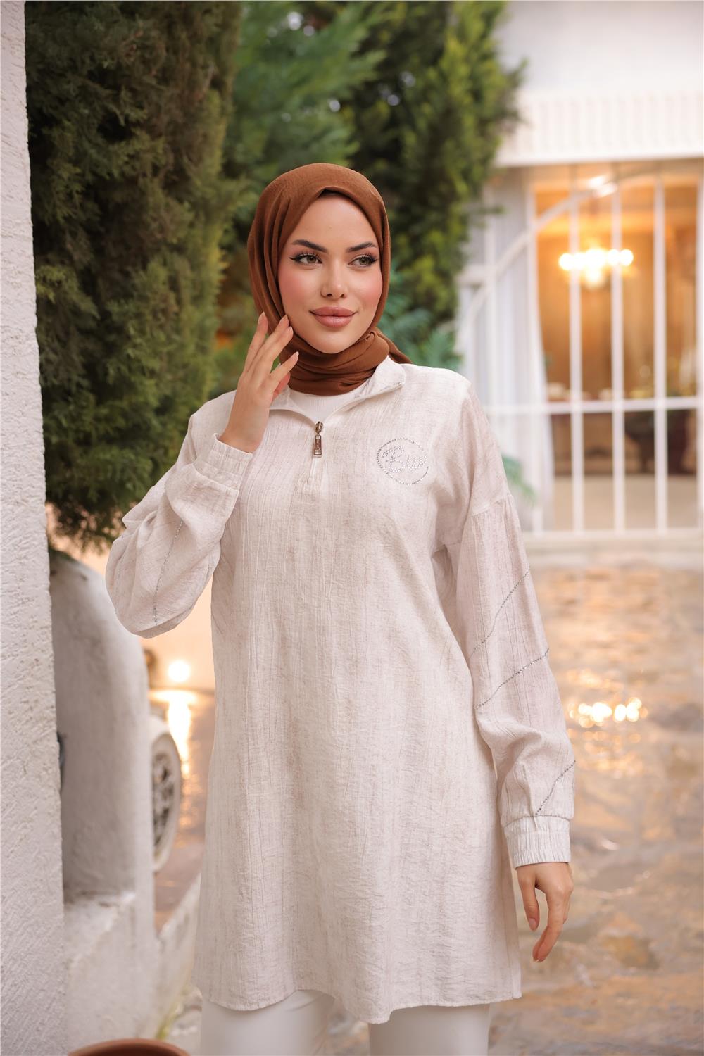 Yarım Fermuarlı Yaka Logo Baskılı Tunik - 71245.023 - Krem